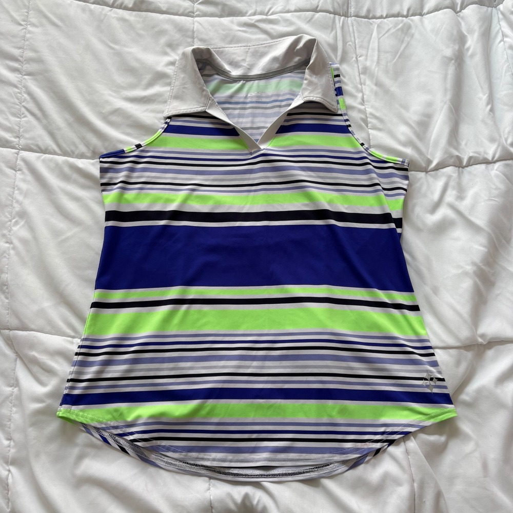 Jofit Womens Large Sleeveless Tennis Golf Polo Shirt Striped Green White Active